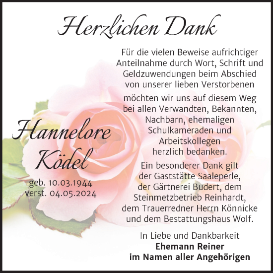 Traueranzeige von Hannelore Ködel von Trauerkombi Weißenfels