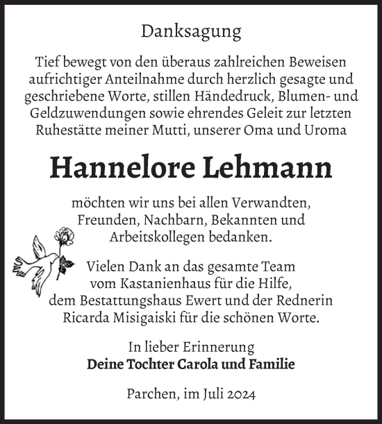 Traueranzeige von Hannelore Lehmann von Volksstimme Burg/Genthin