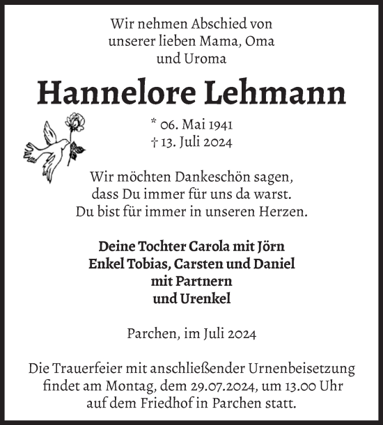 Traueranzeige von Hannelore Lehmann von Volksstimme Burg/Genthin