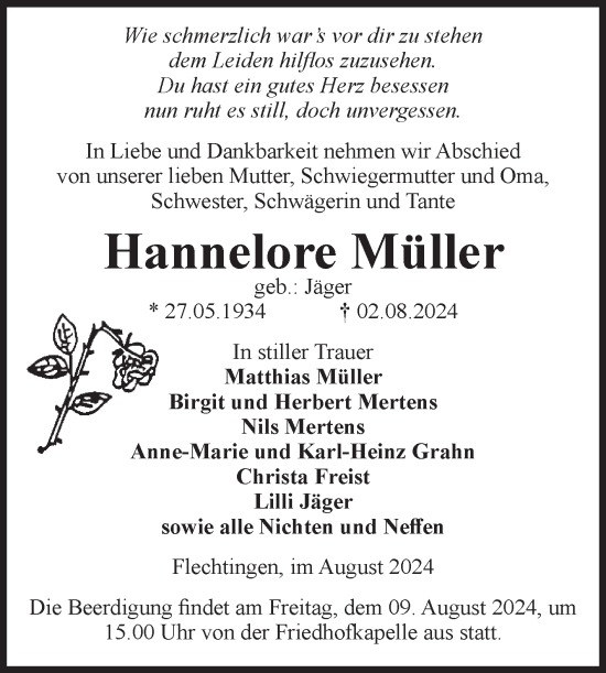 Traueranzeige von Hannelore Müller von Volksstimme Haldensleben/Wolmirstedt