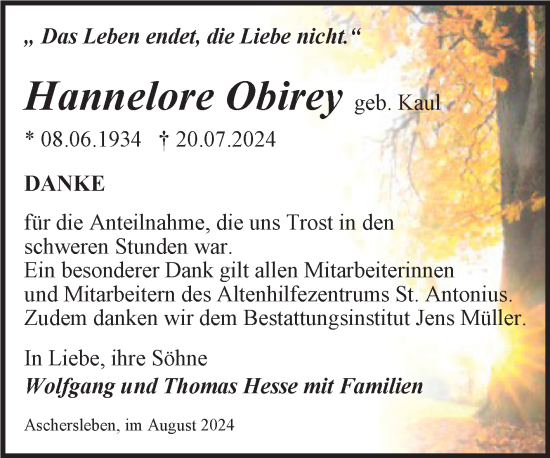 Traueranzeige von Hannelore Obirey von Trauerkombi Aschersleben
