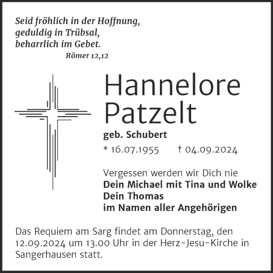 Traueranzeige von Hannelore Patzelt von Mitteldeutsche Zeitung Sangerhausen