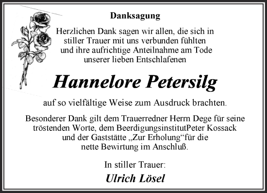 Traueranzeige von Hannelore Petersilg von Trauerkombi Dessau