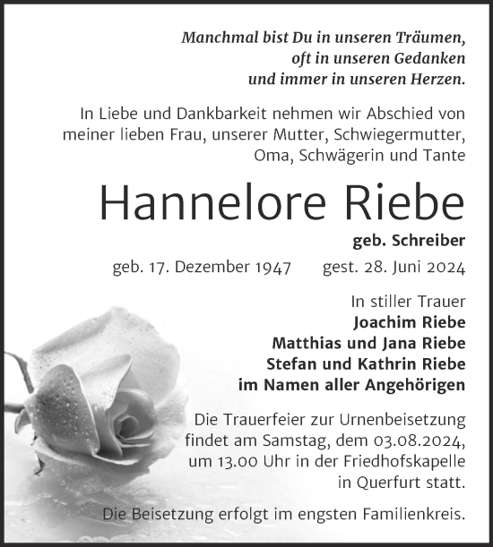 Traueranzeige von Hannelore Riebe von Trauerkombi Merseburg