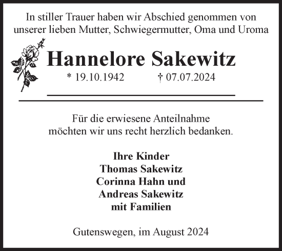 Traueranzeige von Hannelore Sakewitz von Volksstimme Haldensleben/Wolmirstedt