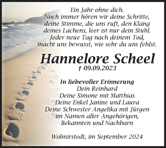 Traueranzeige von Hannelore Scheel von Volksstimme Haldensleben/Wolmirstedt