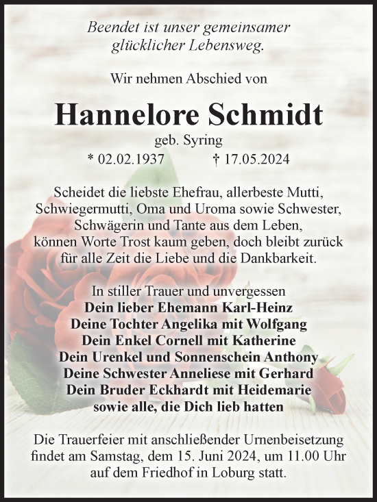 Traueranzeige von Hannelore Schmidt von Volksstimme Zerbst