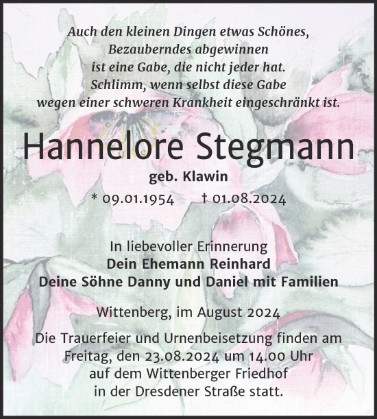Traueranzeige von Hannelore Stegmann von Trauerkombi Wittenberg