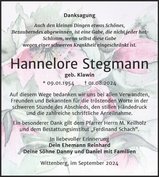 Traueranzeige von Hannelore Stegmann von Trauerkombi Wittenberg
