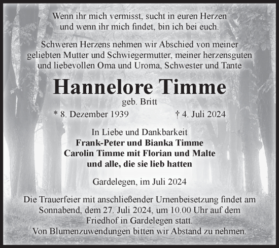Traueranzeige von Hannelore Timme von Volksstimme Altmark West