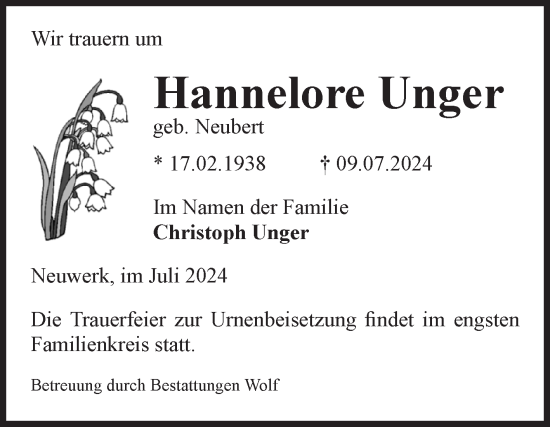 Traueranzeige von Hannelore Unger von Volksstimme Wernigerode