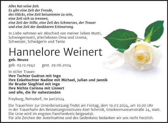 Traueranzeige von Hannelore Weinert von Super Sonntag Naumburg/Nebra