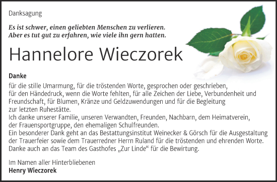 Traueranzeige von Hannelore Wieczorek von Trauerkombi Bernburg