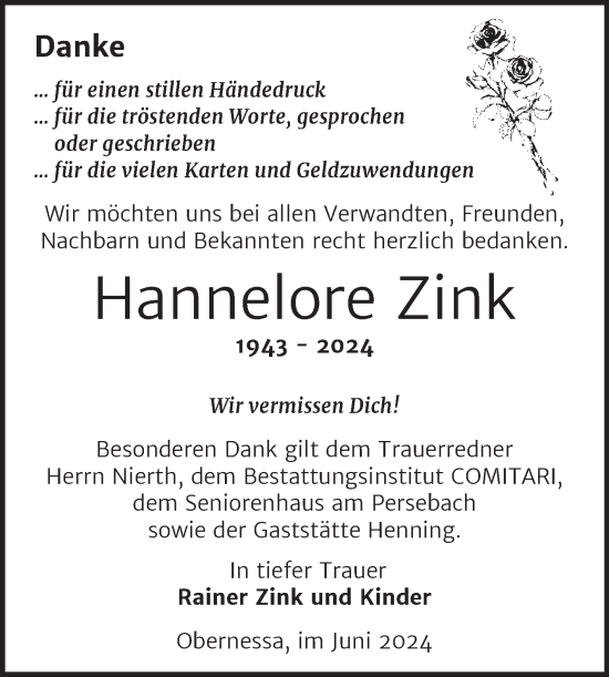 Traueranzeige von Hannelore Zink von Trauerkombi Weißenfels