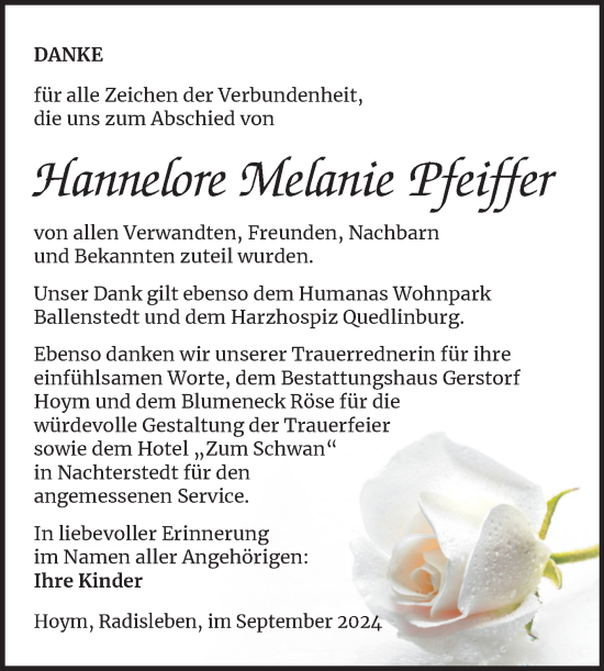 Traueranzeige von Hannelore Melanie Pfeiffer von Trauerkombi Aschersleben