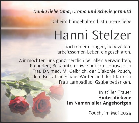 Traueranzeige von Hanni Stelzer von Trauerkombi Bitterfeld