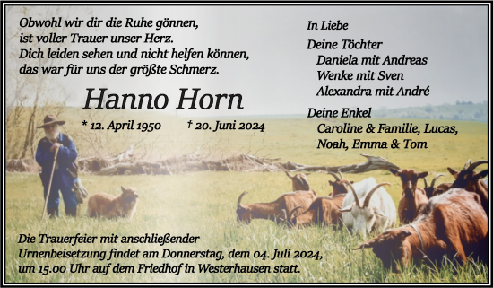 Traueranzeige von Hanno Horn von Trauerkombi Quedlinburg
