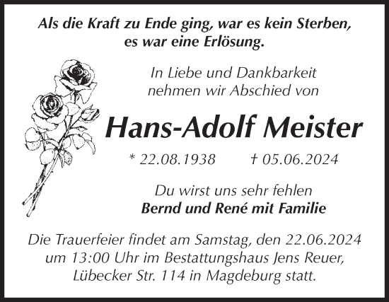 Traueranzeige von Hans-Adolf Meister von Volksstimme Magdeburg