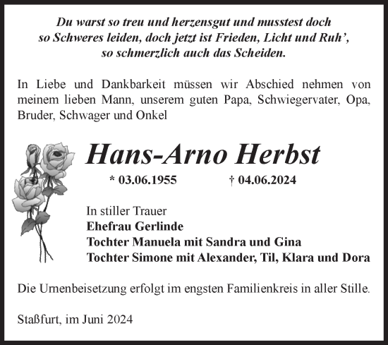 Traueranzeige von Hans-Arno Herbst von Volksstimme Staßfurt