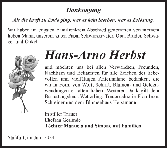 Traueranzeige von Hans-Arno Herbst von Volksstimme Staßfurt