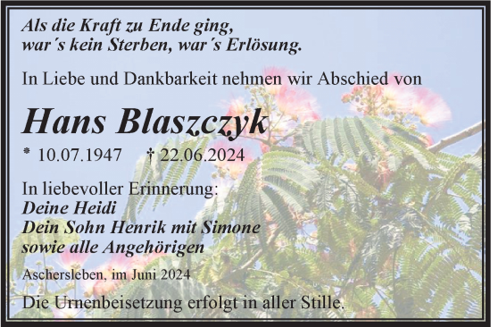 Traueranzeige von Hans Blaszczyk von Trauerkombi Aschersleben