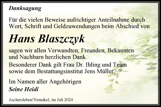 Traueranzeige von Hans Blaszczyk von Trauerkombi Aschersleben