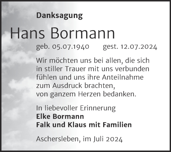 Traueranzeige von Hans Bormann von Trauerkombi Aschersleben