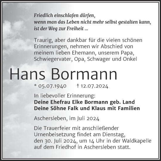 Traueranzeige von Hans Bormann von Trauerkombi Aschersleben