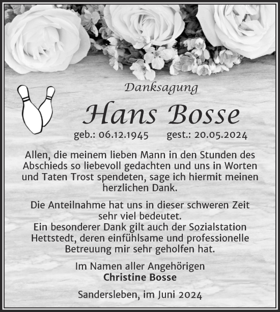 Traueranzeige von Hans Bosse von Mitteldeutsche Zeitung Mansfelder Land