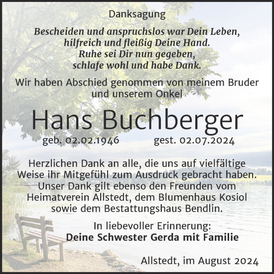 Traueranzeige von Hans Buchberger von Trauerkombi Sangerhausen