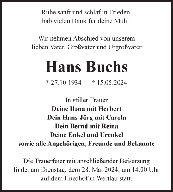 Traueranzeige von Hans Buchs von Volksstimme Zerbst