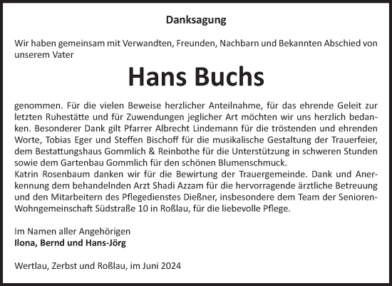 Traueranzeige von Hans Buchs von Volksstimme Zerbst