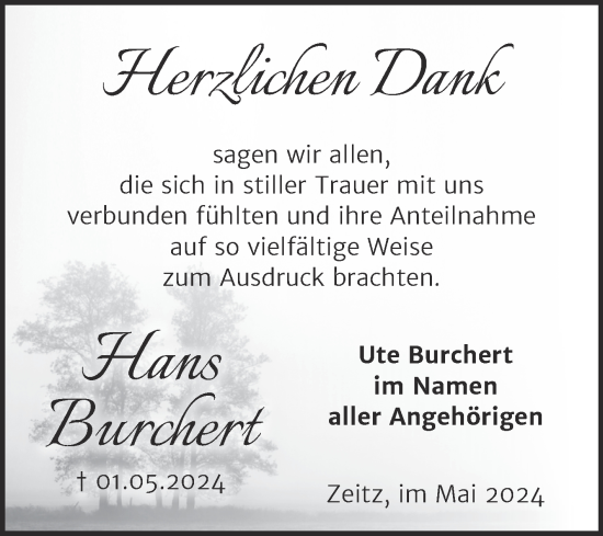 Traueranzeige von Hans Burchert von Trauerkombi Zeitz