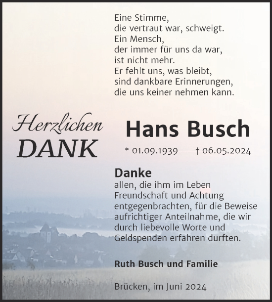 Traueranzeige von Hans Busch von Trauerkombi Sangerhausen