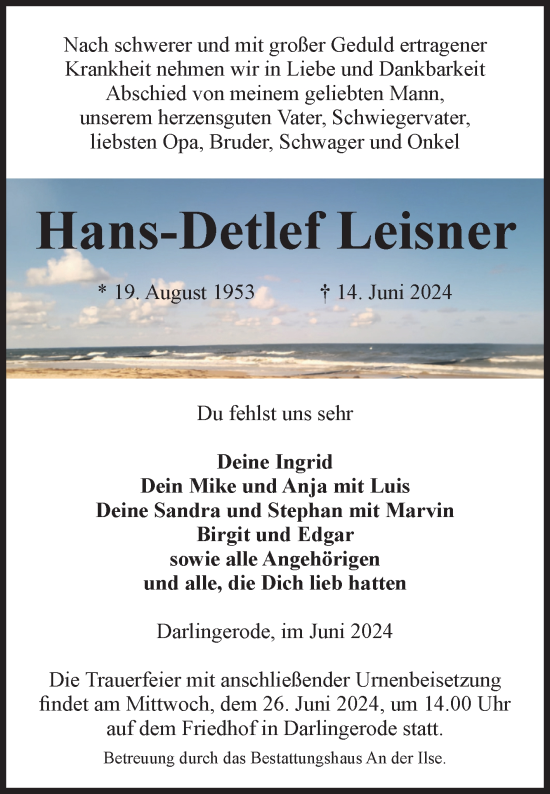 Traueranzeige von Hans-Detlef Leisner von Volksstimme Wernigerode