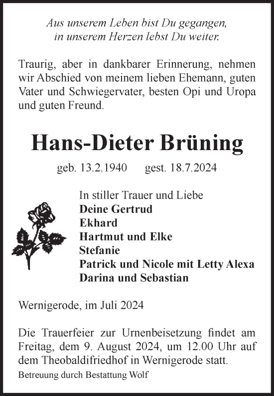 Traueranzeige von Hans-Dieter Brüning von Volksstimme Wernigerode
