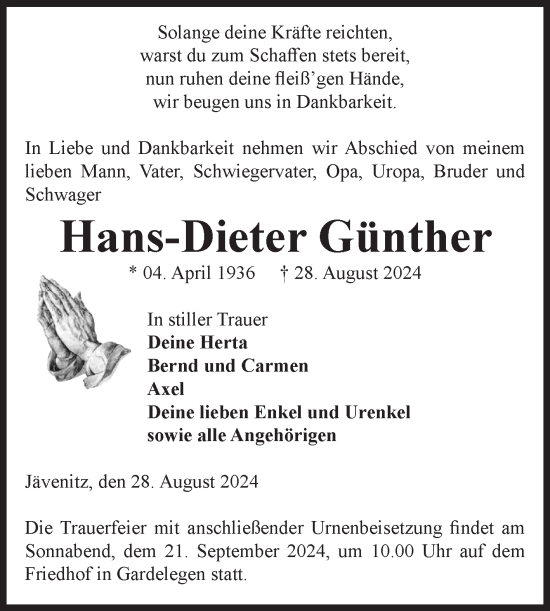 Traueranzeige von Hans-Dieter Günther von Volksstimme Altmark West