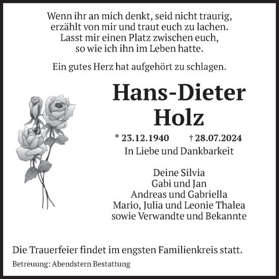 Traueranzeige von Hans-Dieter Holz von Volksstimme Altmark Ost