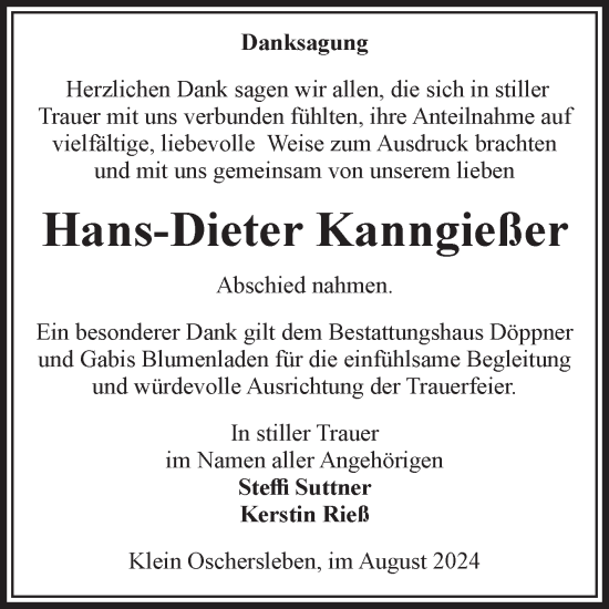 Traueranzeige von Hans-Dieter Kanngießer von Volksstimme Oschersleben/Wanzleben