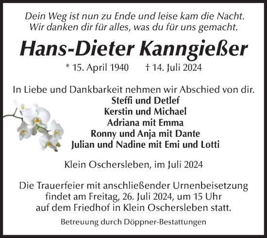 Traueranzeige von Hans-Dieter Kanngießer von Volksstimme Oschersleben/Wanzleben