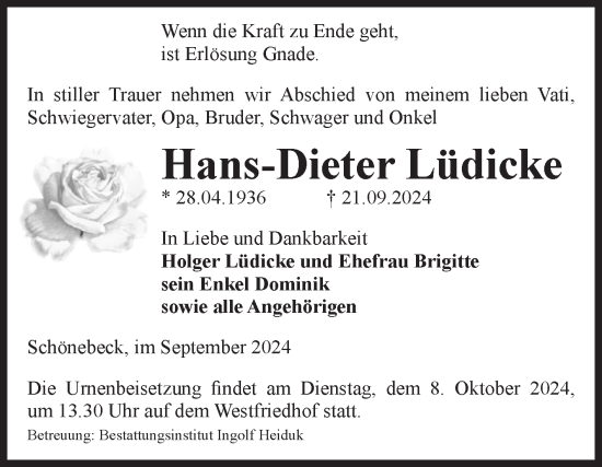 Traueranzeige von Hans-Dieter Lüdicke von Volksstimme Schönebeck