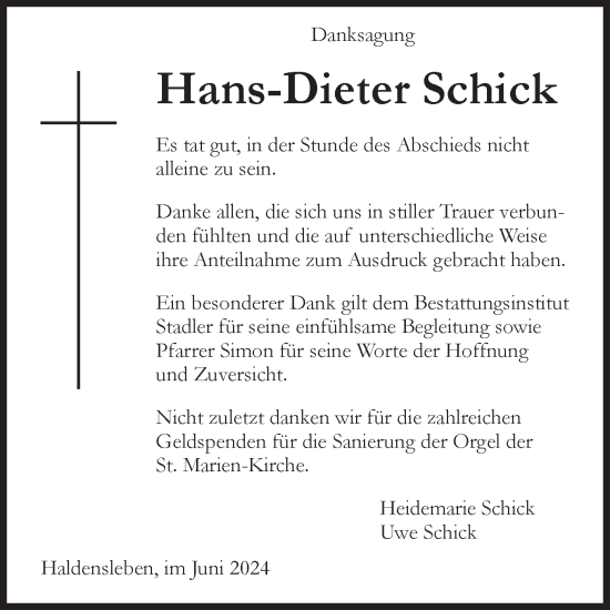 Traueranzeige von Hans-Dieter Schick von Volksstimme Haldensleben/Wolmirstedt