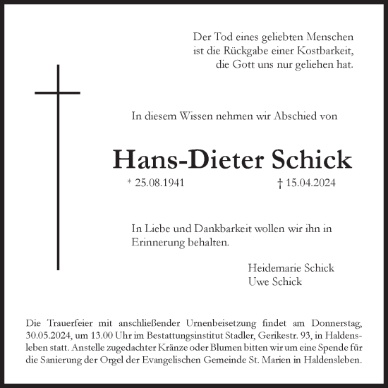 Traueranzeige von Hans-Dieter Schick von Volksstimme Haldensleben/Wolmirstedt