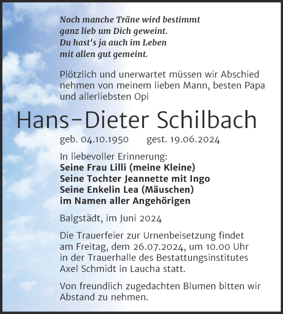 Traueranzeige von Hans-Dieter Schilbach von Super Sonntag Naumburg/Nebra