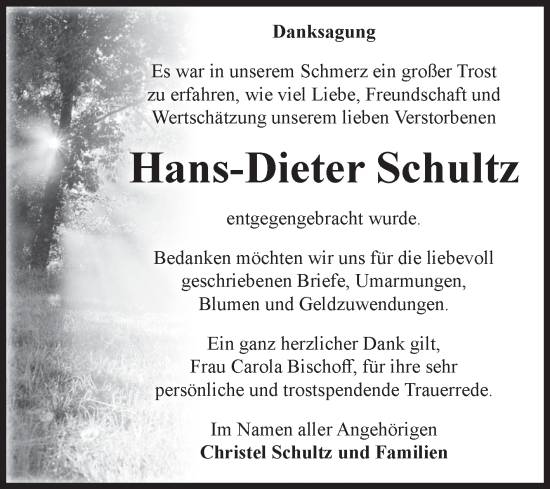 Traueranzeige von Hans-Dieter Schultz von Volksstimme Haldensleben/Wolmirstedt