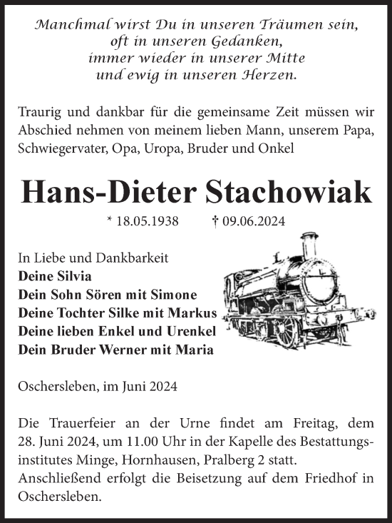 Traueranzeige von Hans-Dieter Stachowiak von Volksstimme Oschersleben/Wanzleben