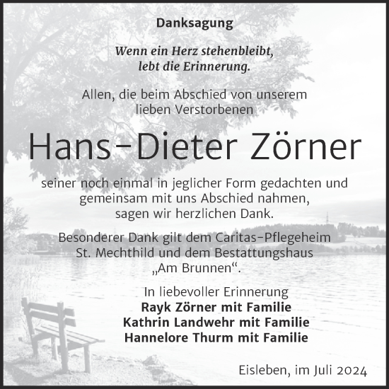 Traueranzeige von Hans-Dieter Zörner von Trauerkombi Mansfelder Land