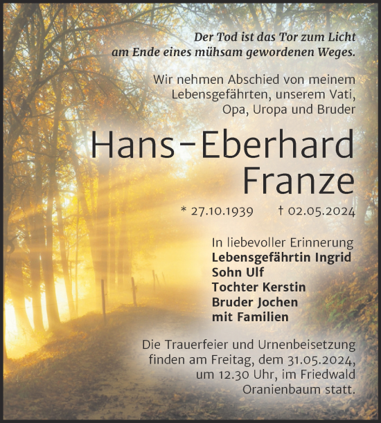 Traueranzeige von Hans-Eberhard Franze von Trauerkombi Dessau