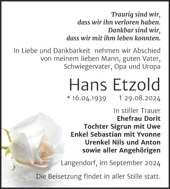 Traueranzeige von Hans Etzold von Trauerkombi Weißenfels