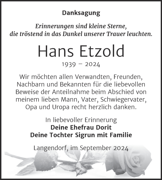 Traueranzeige von Hans Etzold von Trauerkombi Weißenfels